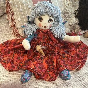 Handcrafted Doll with Blue Hair and Red floral Dress